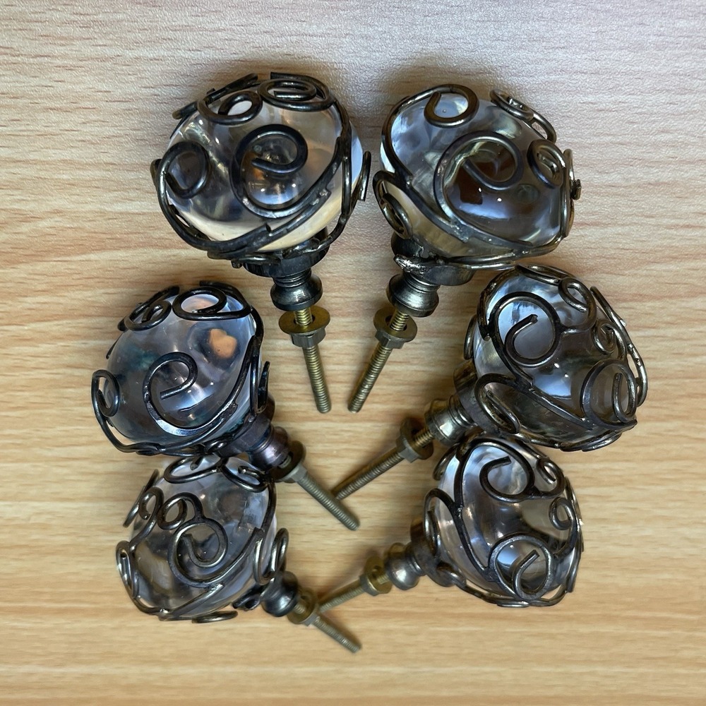 Set of 6 Vintage Style Caged Glass Knobs Antique Brass Wire Orb Drawer Pulls